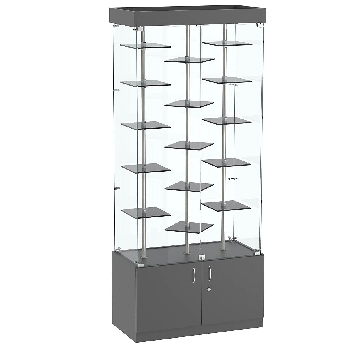 Стеклянная торговая витрина в прозрачном каркасе с маленькими тонированными полками Dark №1-3 Темно-Серый