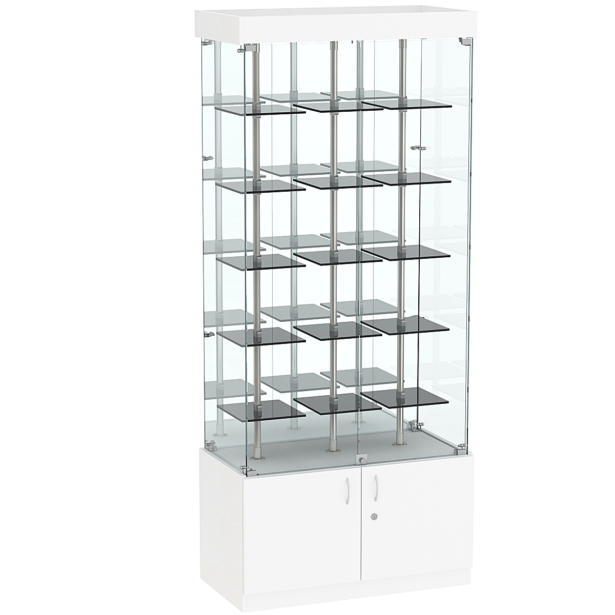 Стеклянная торговая витрина с зеркальной стенкой и маленькими тонированными полками Dark №3-1 Белый