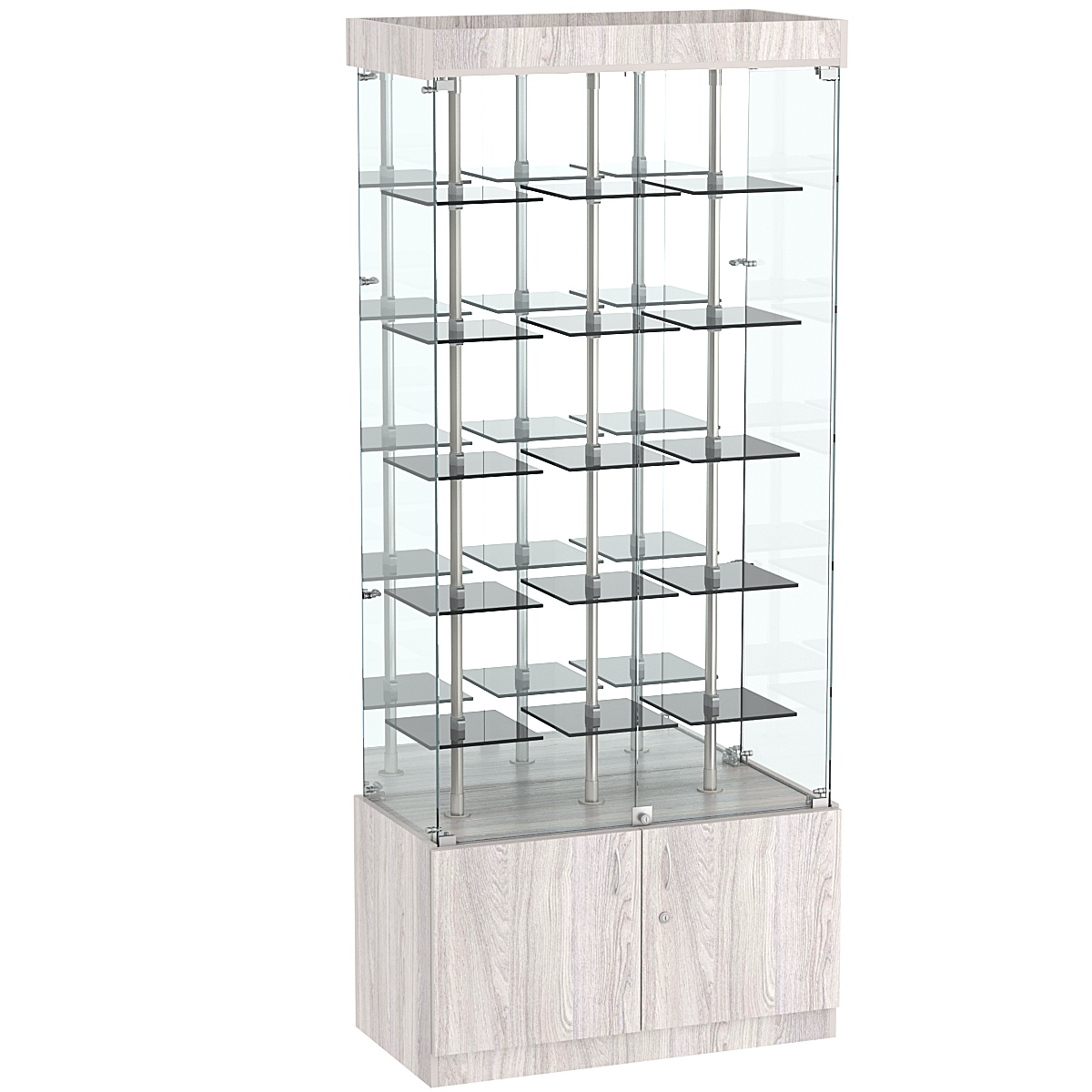 Стеклянная торговая витрина с зеркальной стенкой и маленькими тонированными полками Dark №3-1 Ясень Анкор светлый - U31104