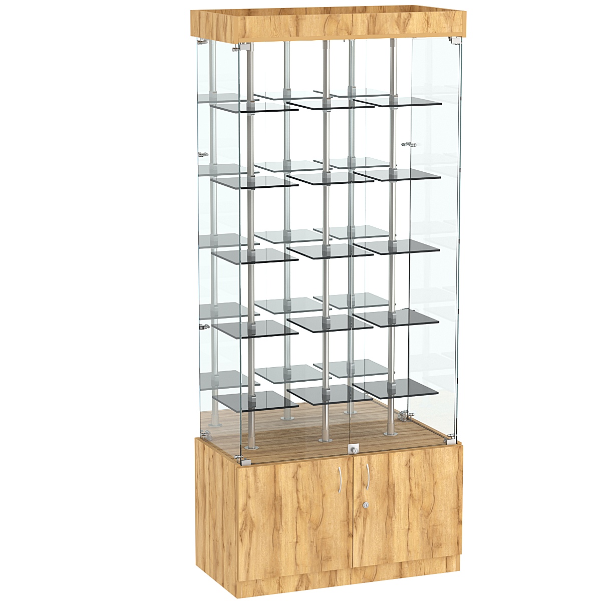 Стеклянная торговая витрина с зеркальной стенкой и маленькими тонированными полками Dark №3-1 Дуб Золотистый