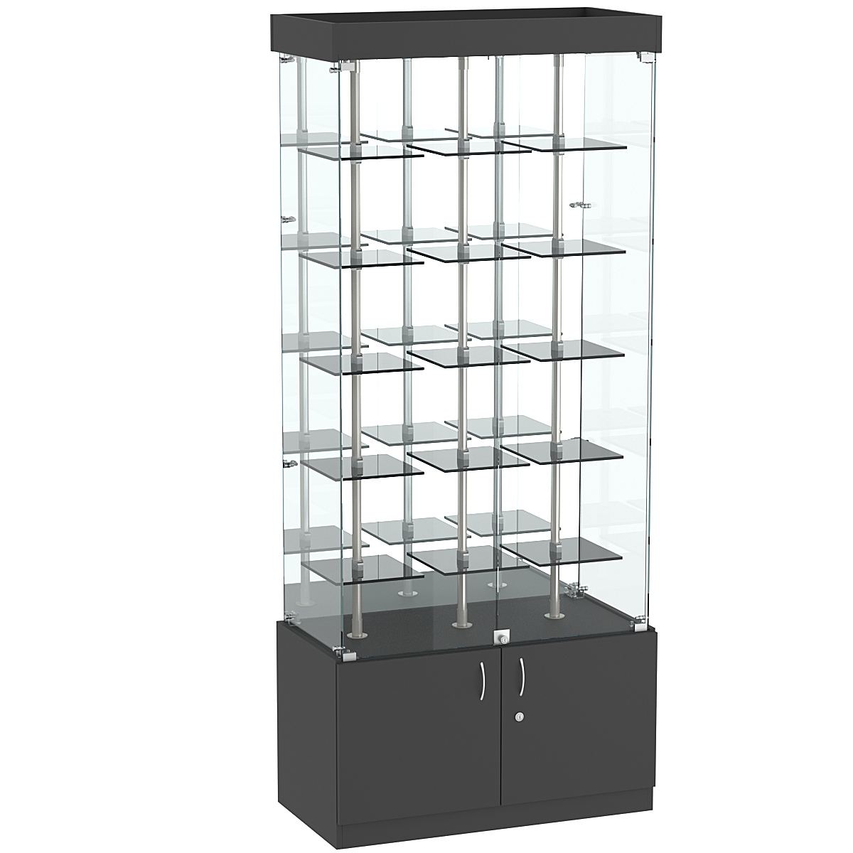 Стеклянная торговая витрина с зеркальной стенкой и маленькими тонированными полками Dark №3-1 Черный