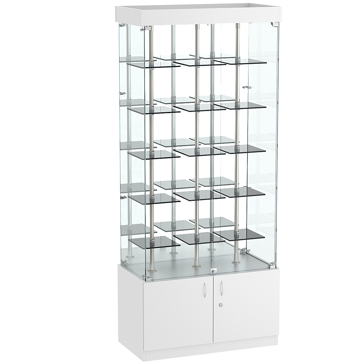 Стеклянная торговая витрина с зеркальной стенкой и маленькими тонированными полками Dark №3-1 Серый