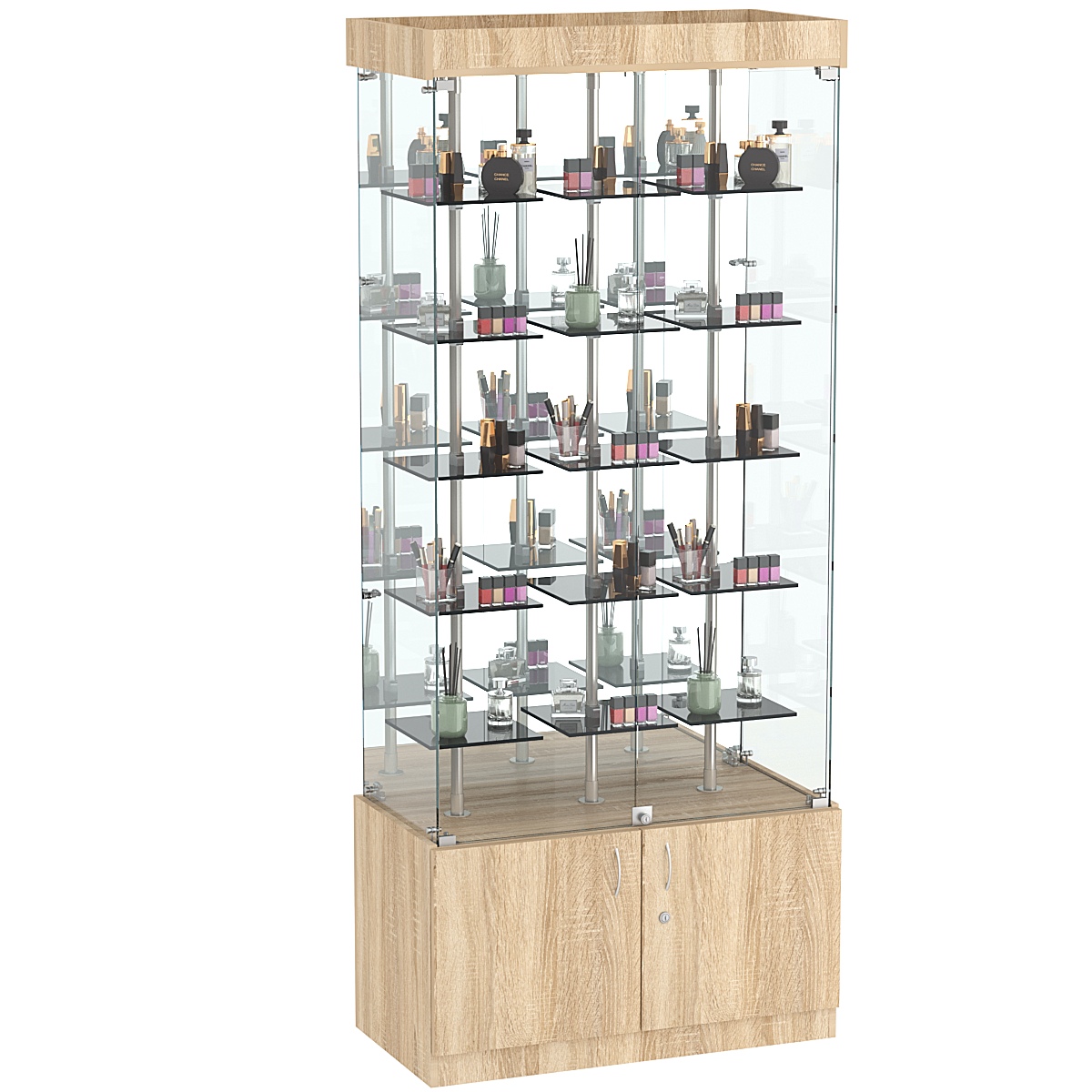 Стеклянная торговая витрина с зеркальной стенкой и маленькими тонированными полками Dark №3-1 Дуб сонома