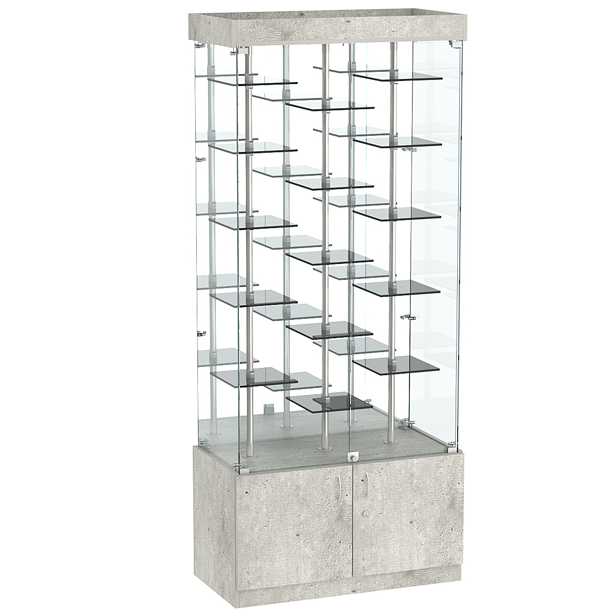 Стеклянная торговая витрина с пятнадцатью двойными полочками из тонированного стекла Dark №3-2 Метрополитан Грей