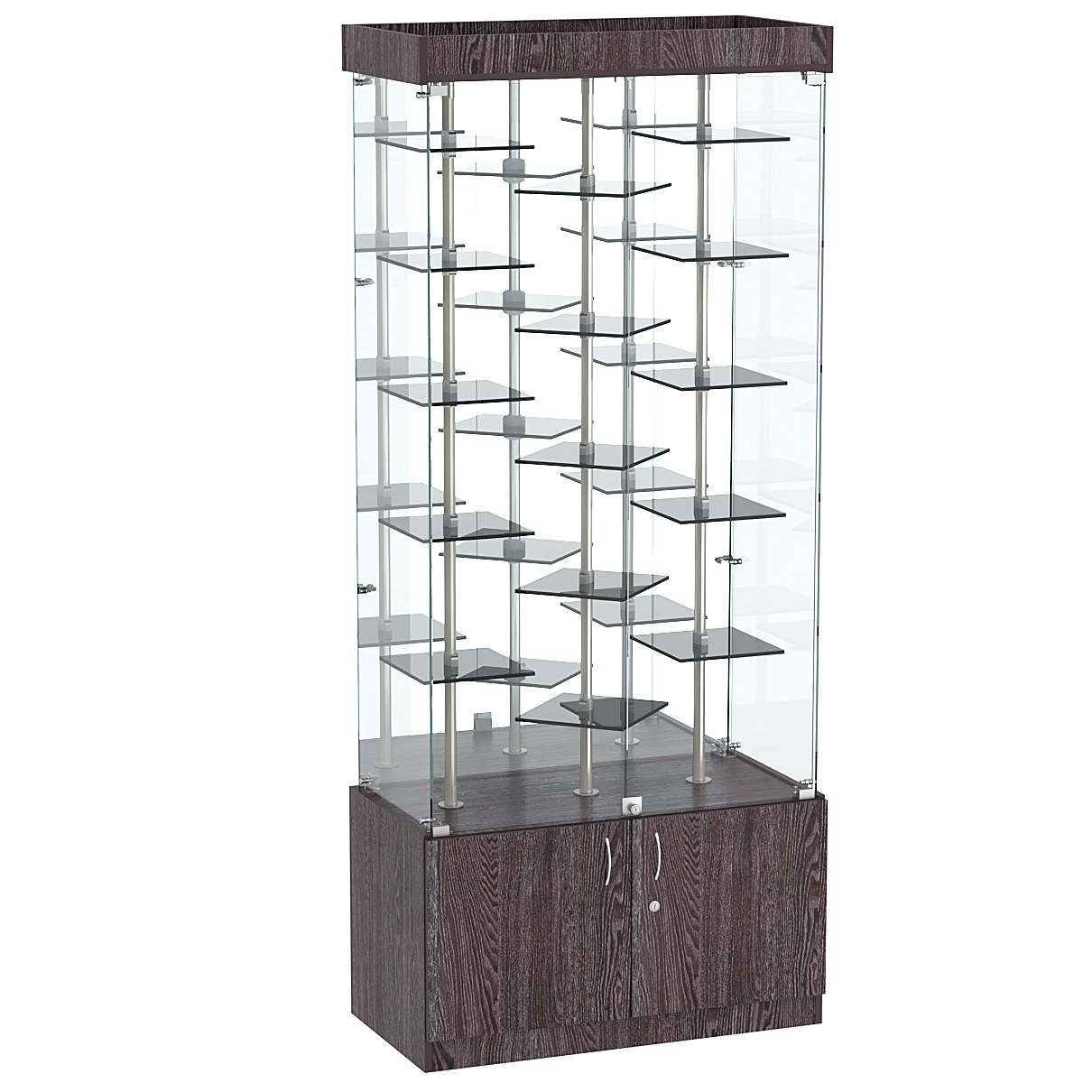 Стеклянная торговая витрина с маленькими ярусными полками из тонированного стекла Dark №3-3 Ясень Анкор темный - U31105
