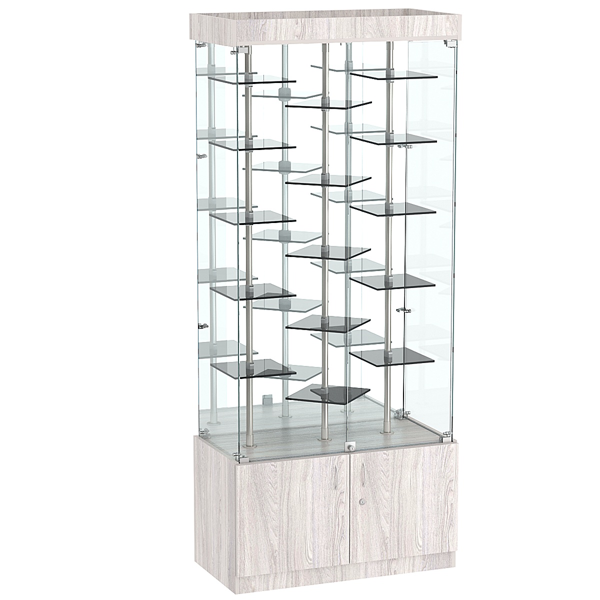Стеклянная торговая витрина с маленькими ярусными полками из тонированного стекла Dark №3-3 Ясень Анкор светлый - U31104