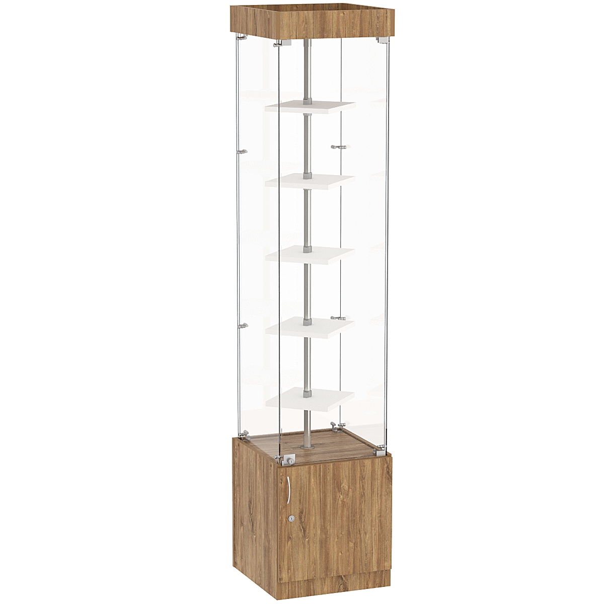 Стеклянная торговая витрина квадратная с маленькими полками ДСП серии Протон №2-1 Дуб Канзас коричневый + Белый