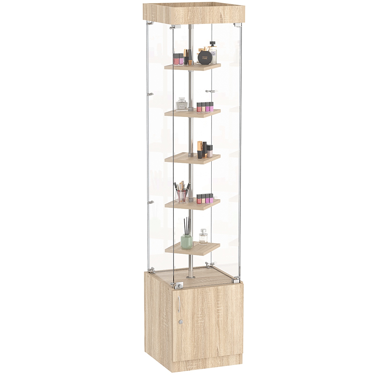 Стеклянная торговая витрина квадратная с маленькими полками ДСП серии Протон №2-1 Дуб сонома