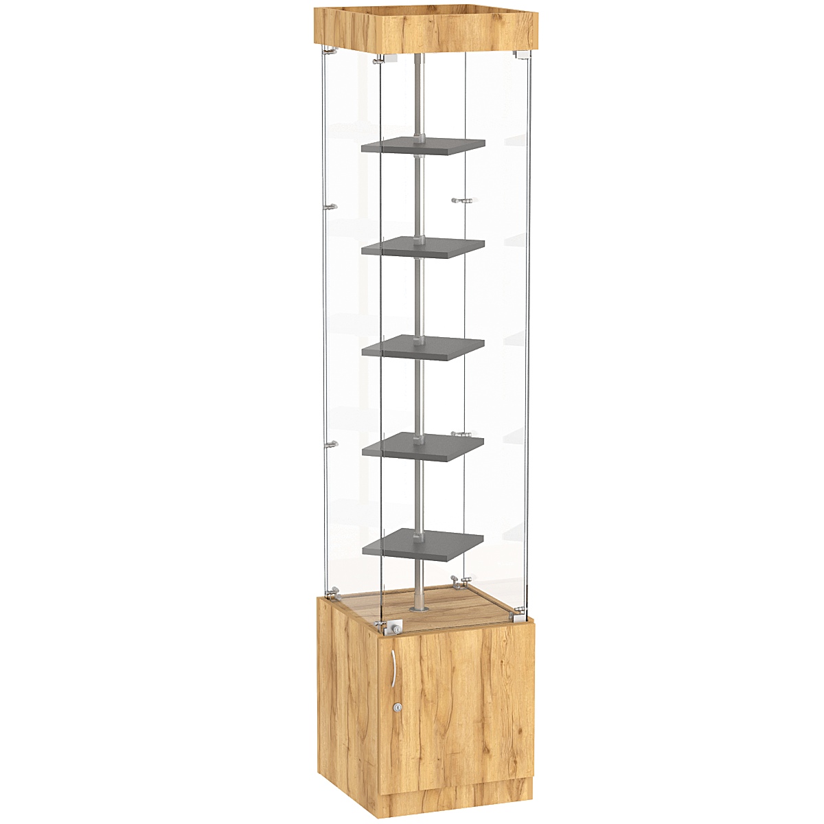 Стеклянная торговая витрина квадратная с маленькими полками ДСП серии Протон №2-1 Дуб Золотистый и Темно-Серый