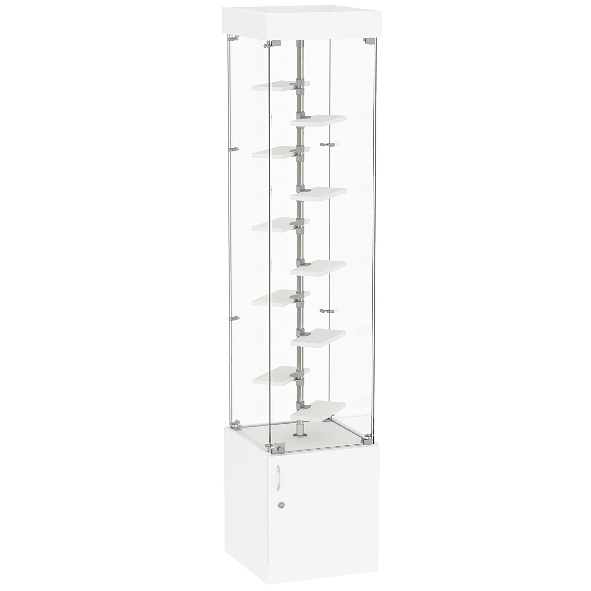 Стеклянная торговая витрина с прозрачными стенками и маленькими полками ДСП серии Протон №2-2 Белый