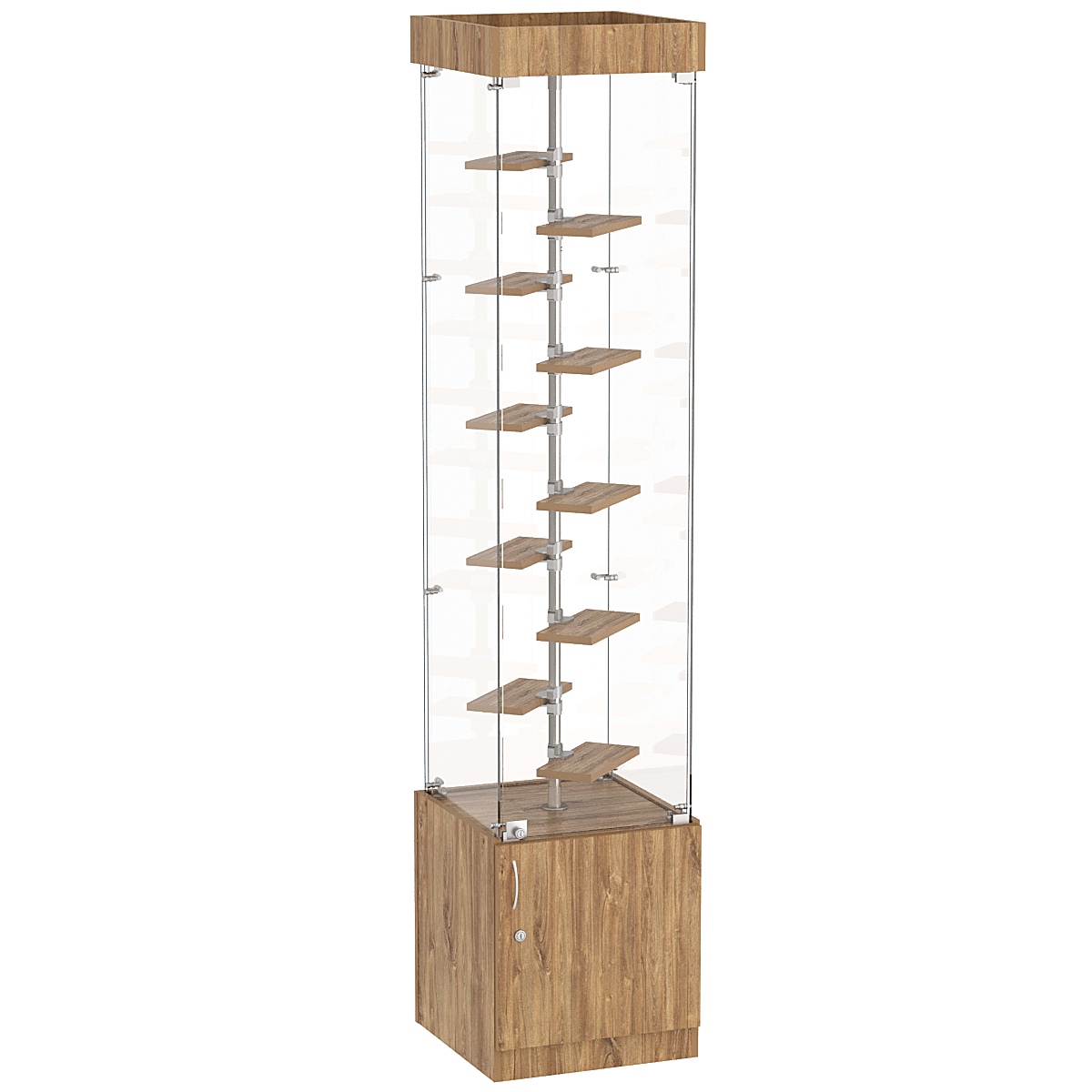 Стеклянная торговая витрина с прозрачными стенками и маленькими полками ДСП серии Протон №2-2 Дуб канзас коричневый Н1113 ST10