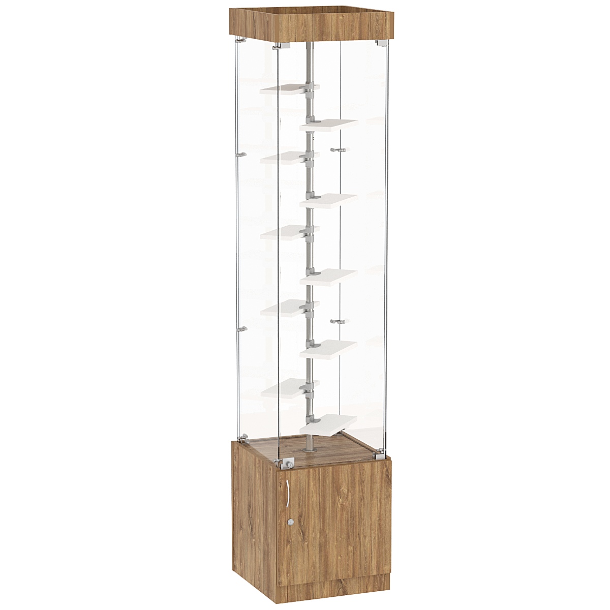 Стеклянная торговая витрина с прозрачными стенками и маленькими полками ДСП серии Протон №2-2 Дуб Канзас коричневый + Белый