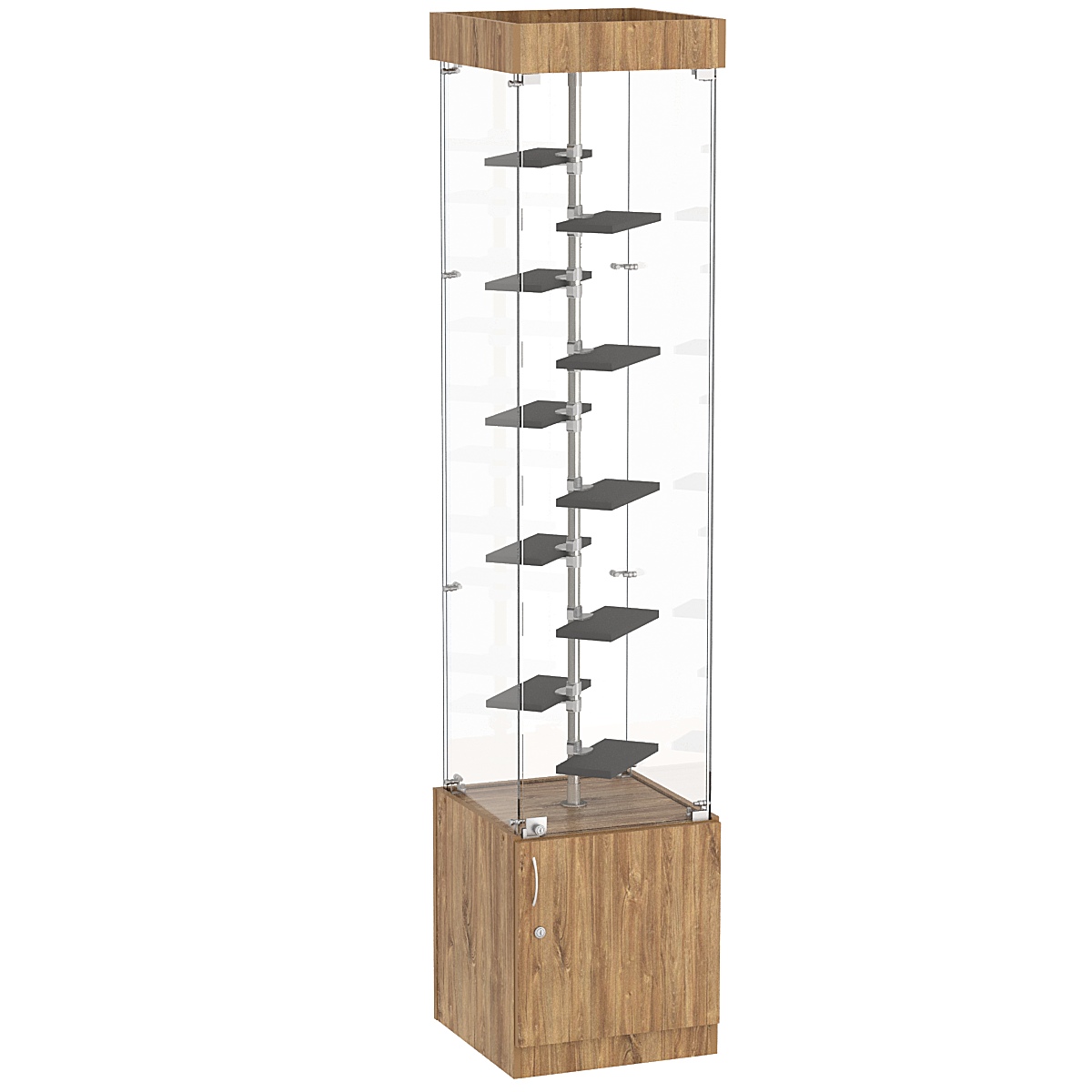 Стеклянная торговая витрина с прозрачными стенками и маленькими полками ДСП серии Протон №2-2 Дуб Канзас коричневый + Черный