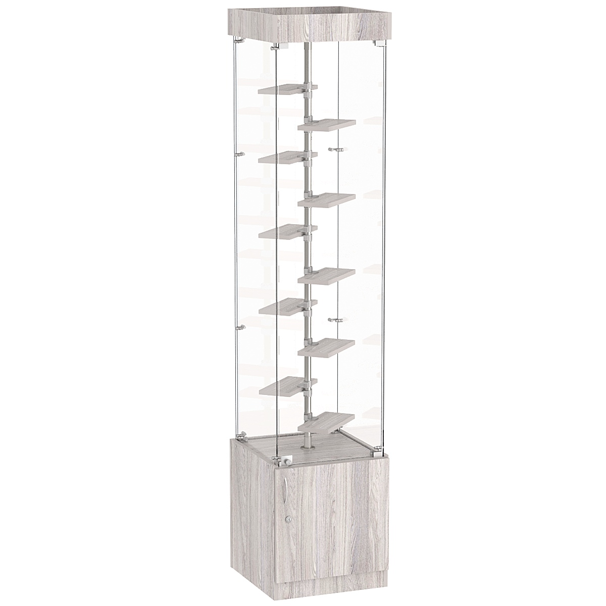 Стеклянная торговая витрина с прозрачными стенками и маленькими полками ДСП серии Протон №2-2 Ясень Анкор светлый - U31104