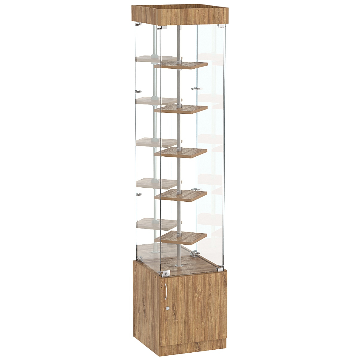 Стеклянная торговая витрина зеркальная с двойными полками ДСП серии Протон №4-1 Дуб канзас коричневый Н1113 ST10