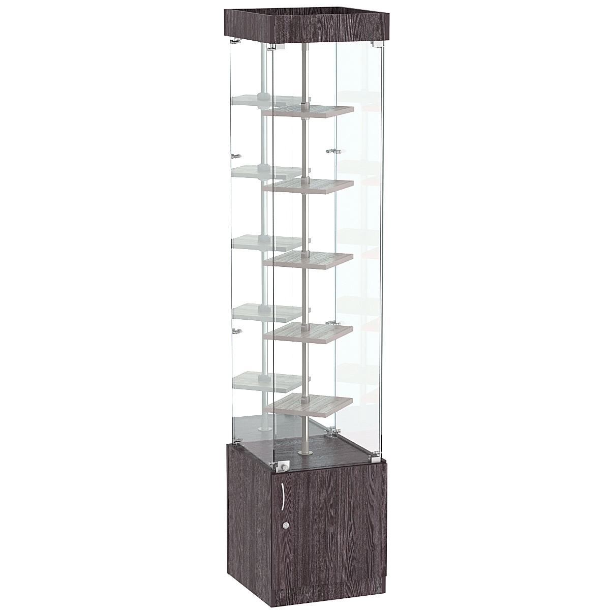 Стеклянная торговая витрина зеркальная с двойными полками ДСП серии Протон №4-1 Ясень Анкор темный + Ясень Анкор светлый