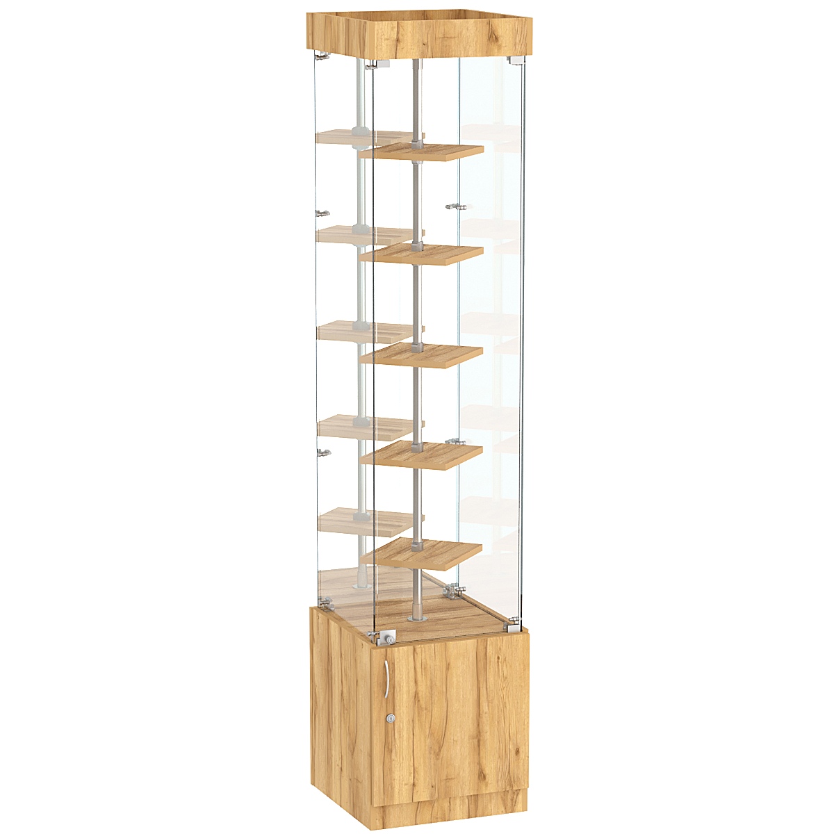 Стеклянная торговая витрина зеркальная с двойными полками ДСП серии Протон №4-1 Дуб Золотистый