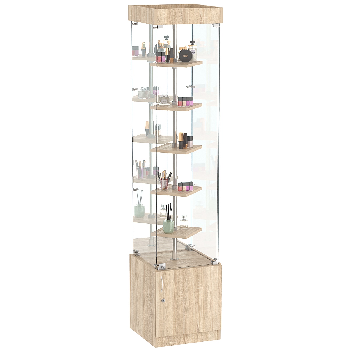 Стеклянная торговая витрина зеркальная с двойными полками ДСП серии Протон №4-1 Дуб сонома