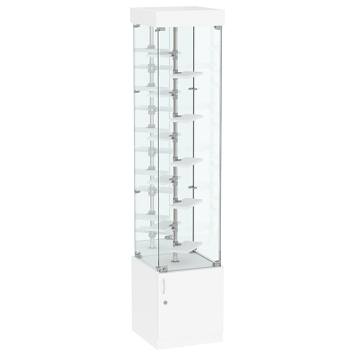 Стеклянная торговая витрина квадратной конструкции с небольшими полками ДСП серии Протон №4-2 Белый