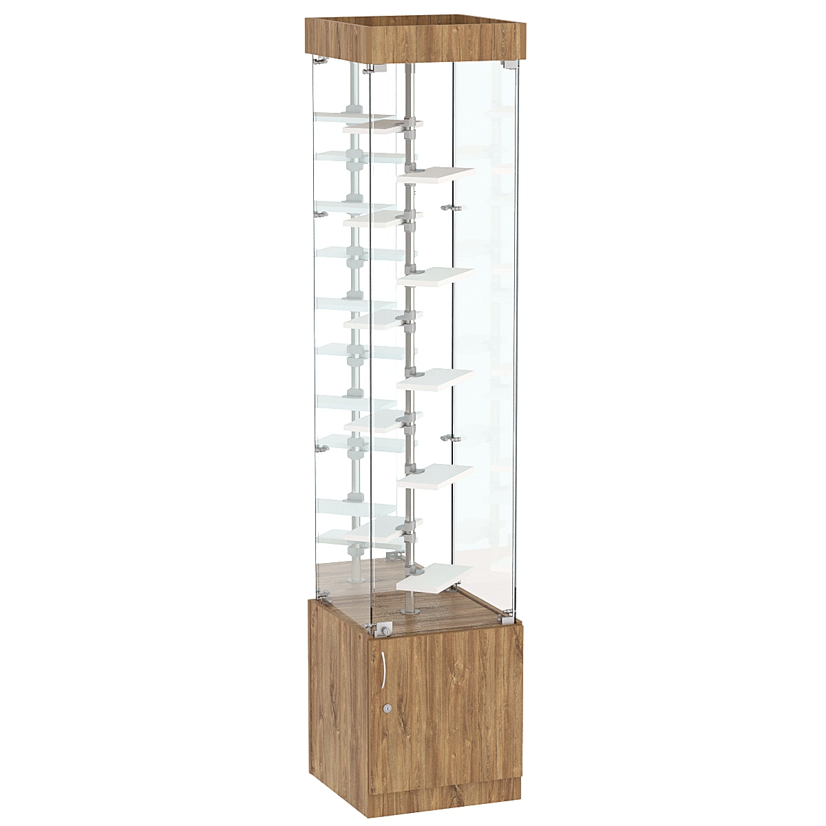 Стеклянная торговая витрина квадратной конструкции с небольшими полками ДСП серии Протон №4-2 Дуб Канзас коричневый + Белый