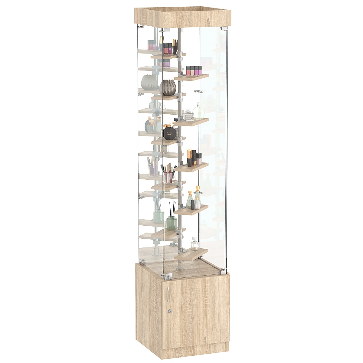 Стеклянная торговая витрина квадратной конструкции с небольшими полками ДСП серии Протон №4-2 Дуб сонома