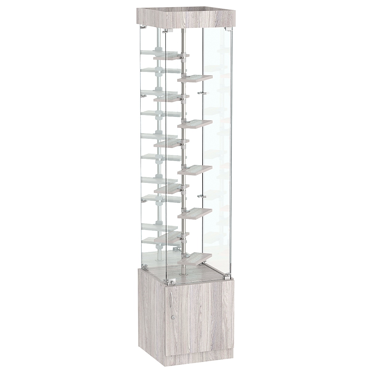 Стеклянная торговая витрина квадратной конструкции с небольшими полками ДСП серии Протон №4-2 Ясень Анкор светлый - U31104