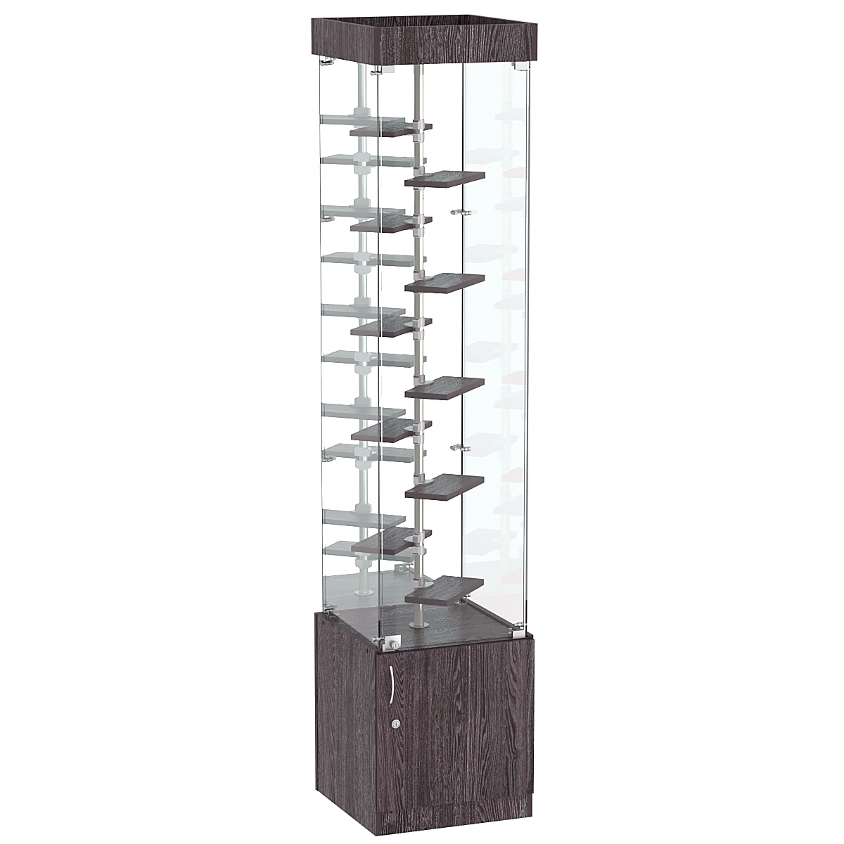 Стеклянная торговая витрина квадратной конструкции с небольшими полками ДСП серии Протон №4-2 Ясень Анкор темный - U31105