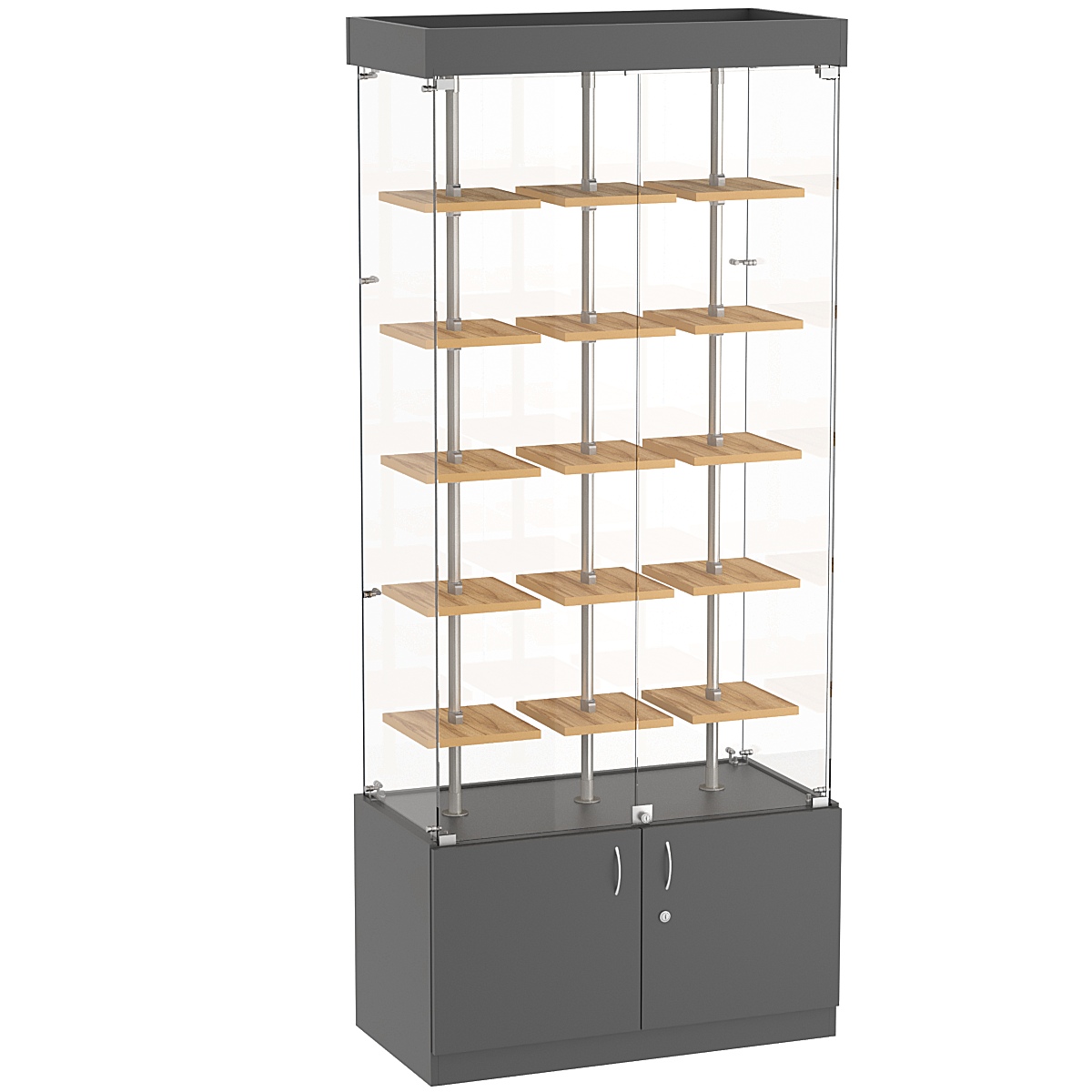 Стеклянная торговая витрина прямоугольная с маленькими полками ДСП серии Протон №1-1 Темно-Серый  + Дуб Золотистый