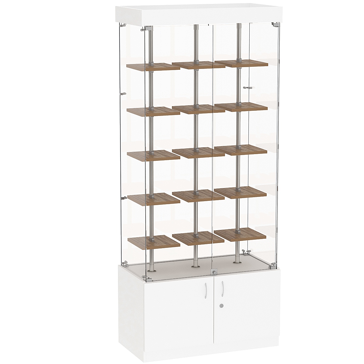 Стеклянная торговая витрина прямоугольная с маленькими полками ДСП серии Протон №1-1 Белый + Дуб Канзас коричневый