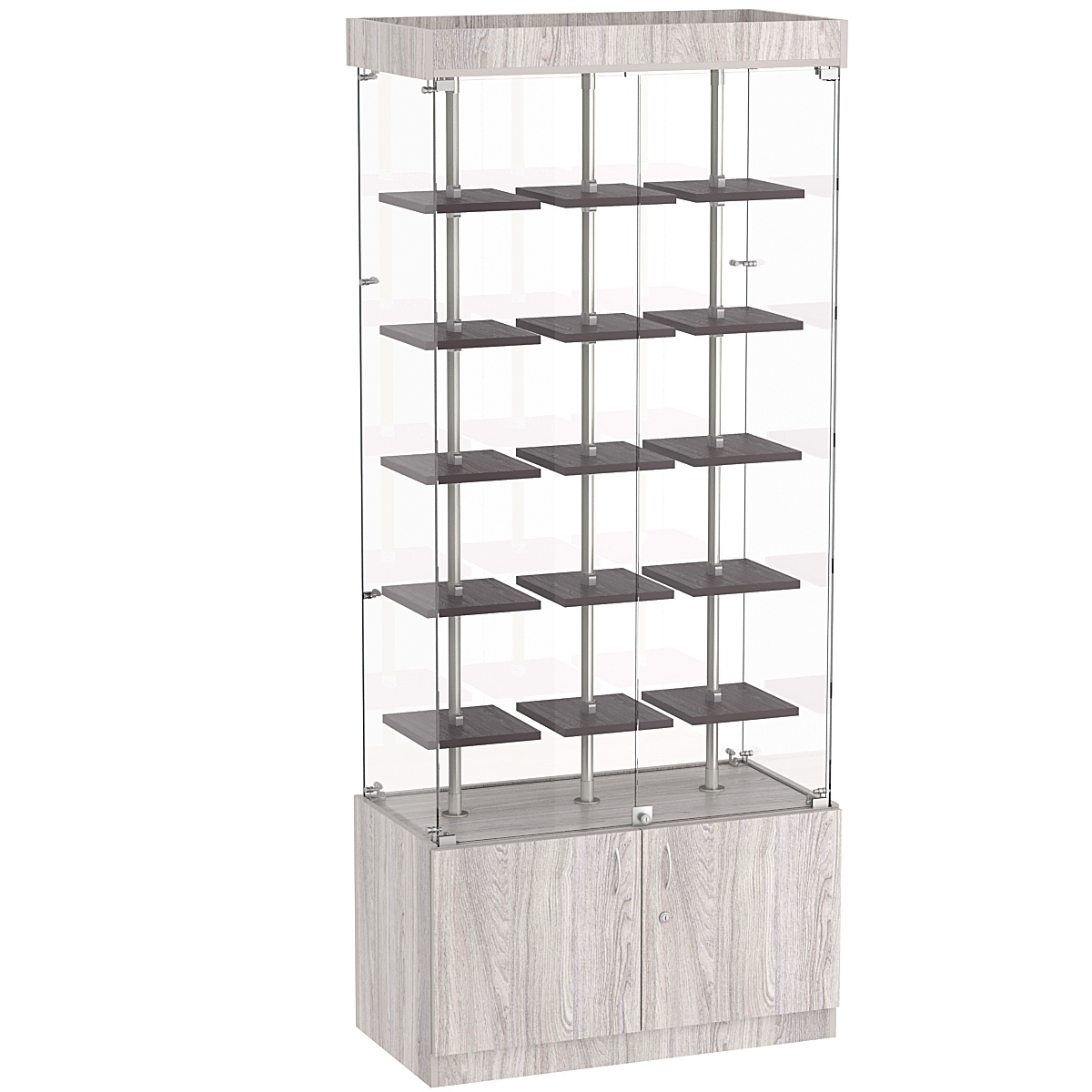 Стеклянная торговая витрина прямоугольная с маленькими полками ДСП серии Протон №1-1 Ясень Анкор светлый + Ясень Анкор темный