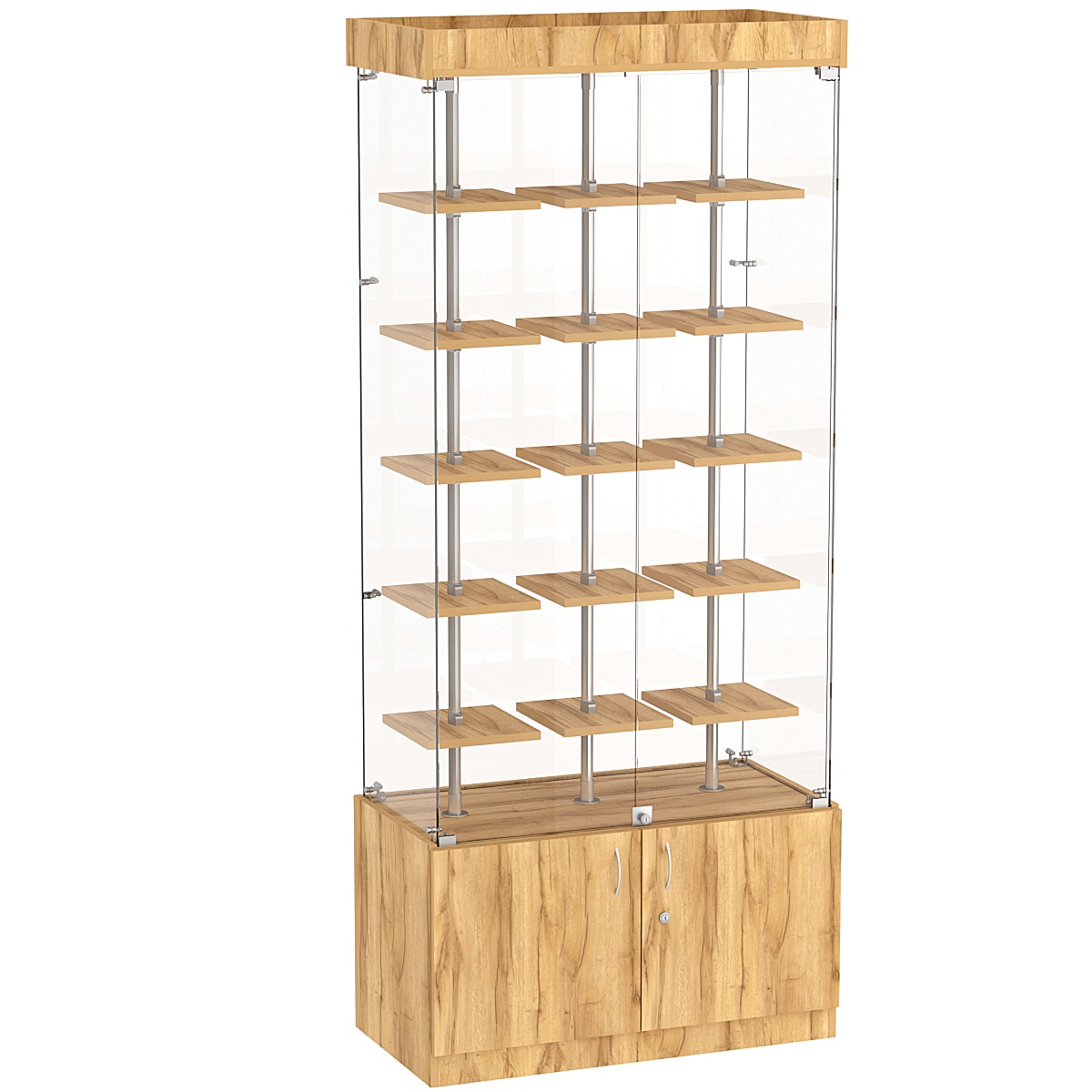 Стеклянная торговая витрина прямоугольная с маленькими полками ДСП серии Протон №1-1 Дуб Золотистый