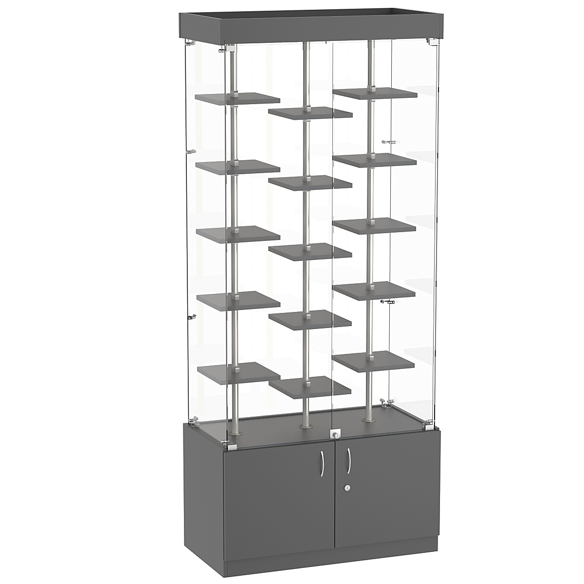 Стеклянная торговая витрина с накопителем и миниатюрными полками ДСП серии Протон №1-2 Темно-Серый