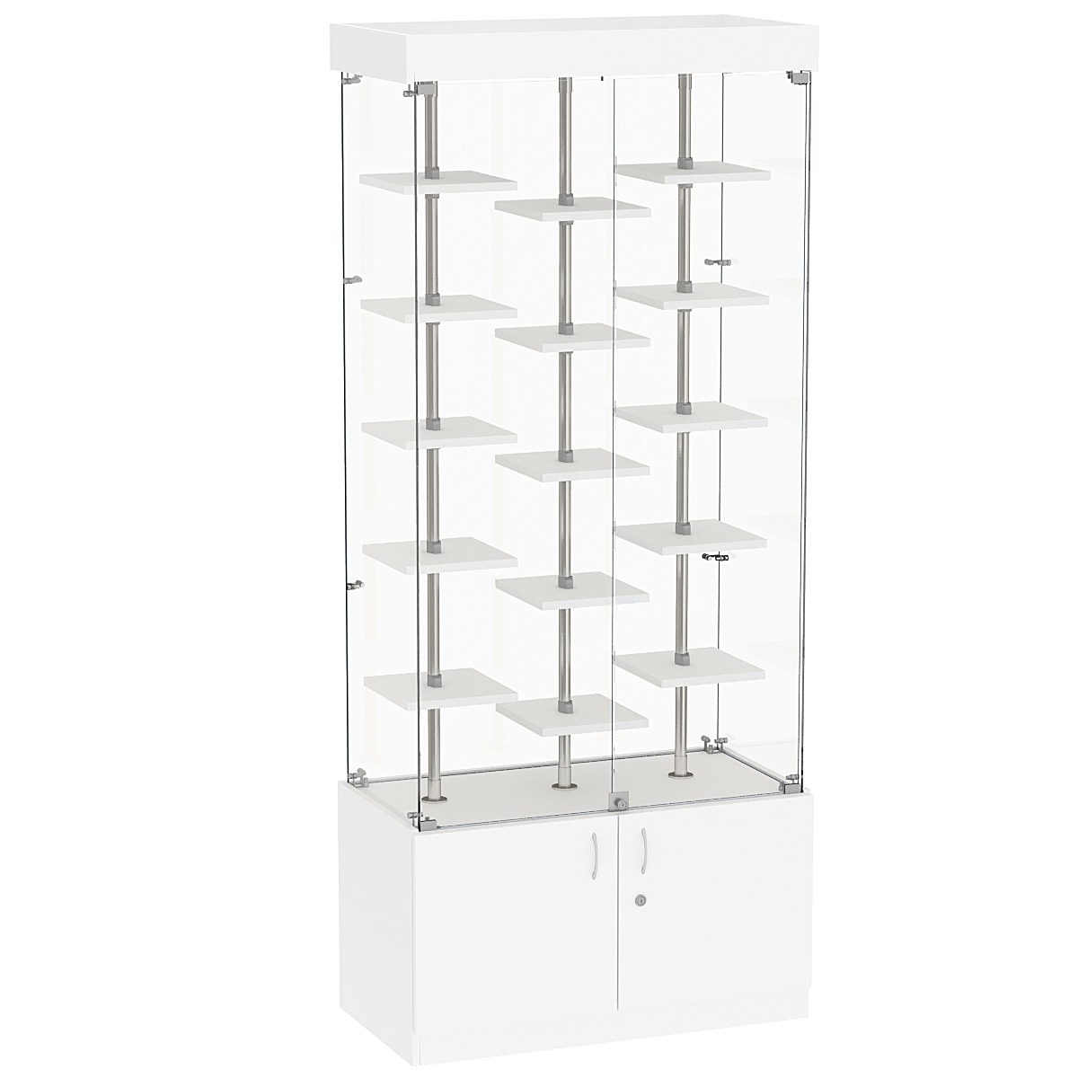 Стеклянная торговая витрина с накопителем и миниатюрными полками ДСП серии Протон №1-2 Белый