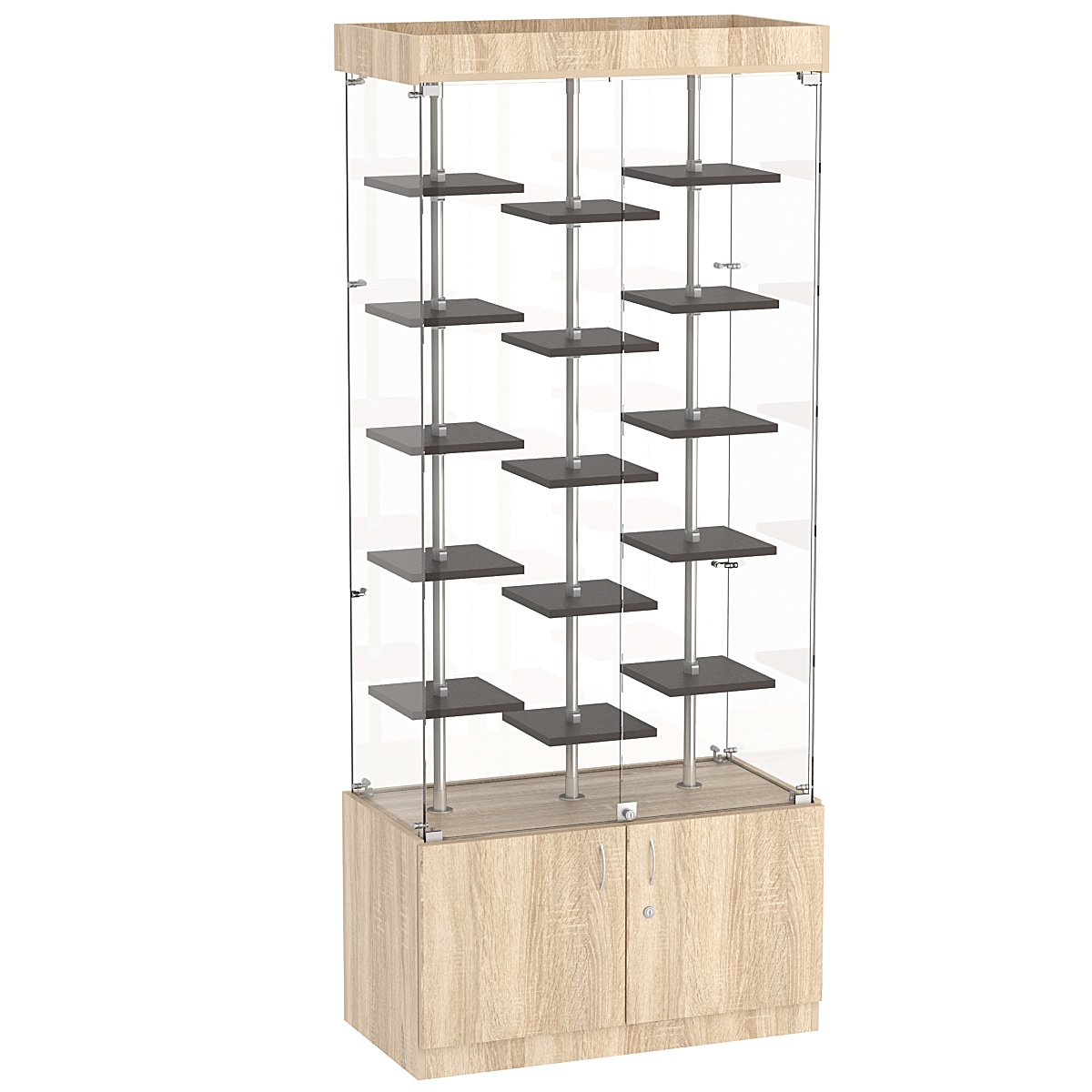 Стеклянная торговая витрина с накопителем и миниатюрными полками ДСП серии Протон №1-2 Дуб Сонома + Дуб Венге