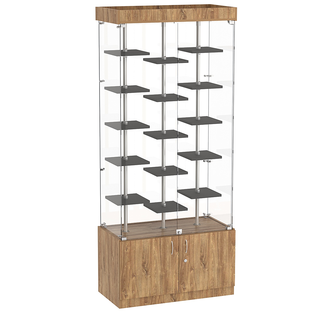 Стеклянная торговая витрина с накопителем и миниатюрными полками ДСП серии Протон №1-2 Дуб Канзас коричневый + Черный