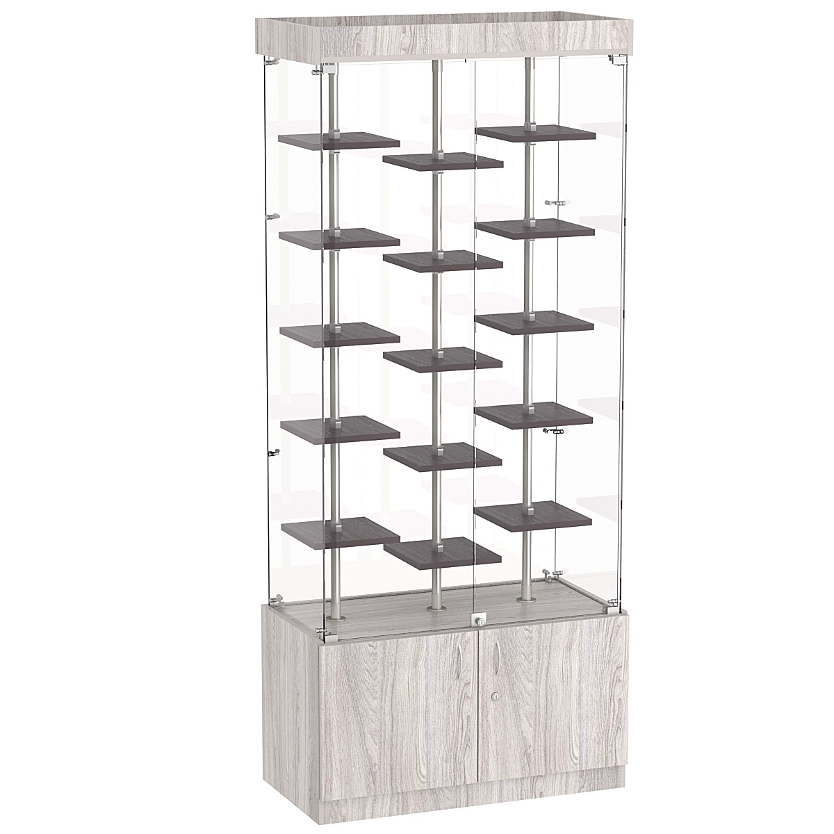 Стеклянная торговая витрина с накопителем и миниатюрными полками ДСП серии Протон №1-2 Ясень Анкор светлый + Ясень Анкор темный