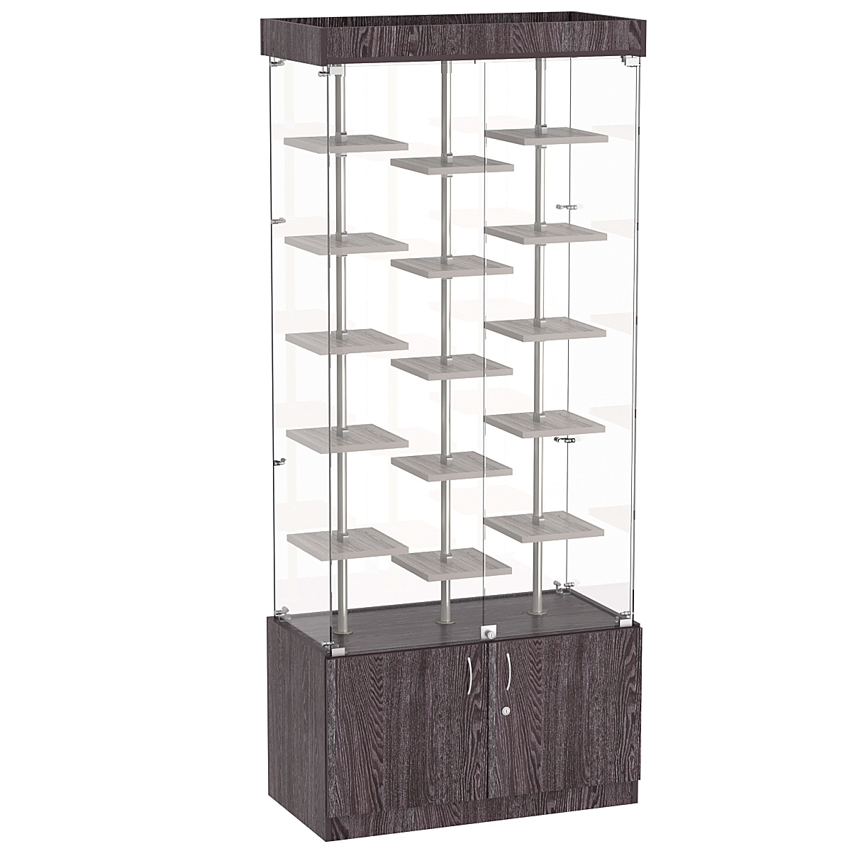 Стеклянная торговая витрина с накопителем и миниатюрными полками ДСП серии Протон №1-2 Ясень Анкор темный + Ясень Анкор светлый