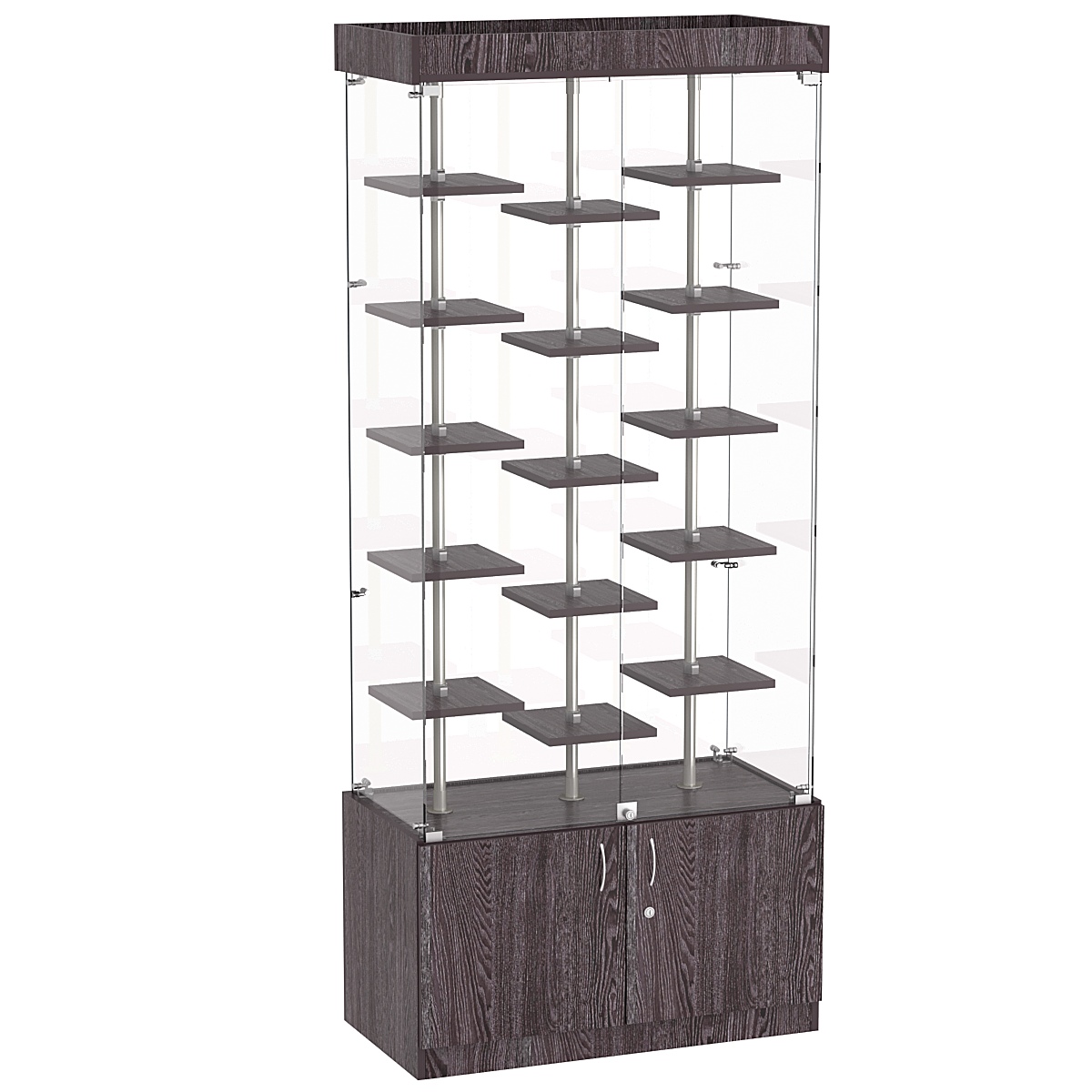 Стеклянная торговая витрина с накопителем и миниатюрными полками ДСП серии Протон №1-2 Ясень Анкор темный - U31105