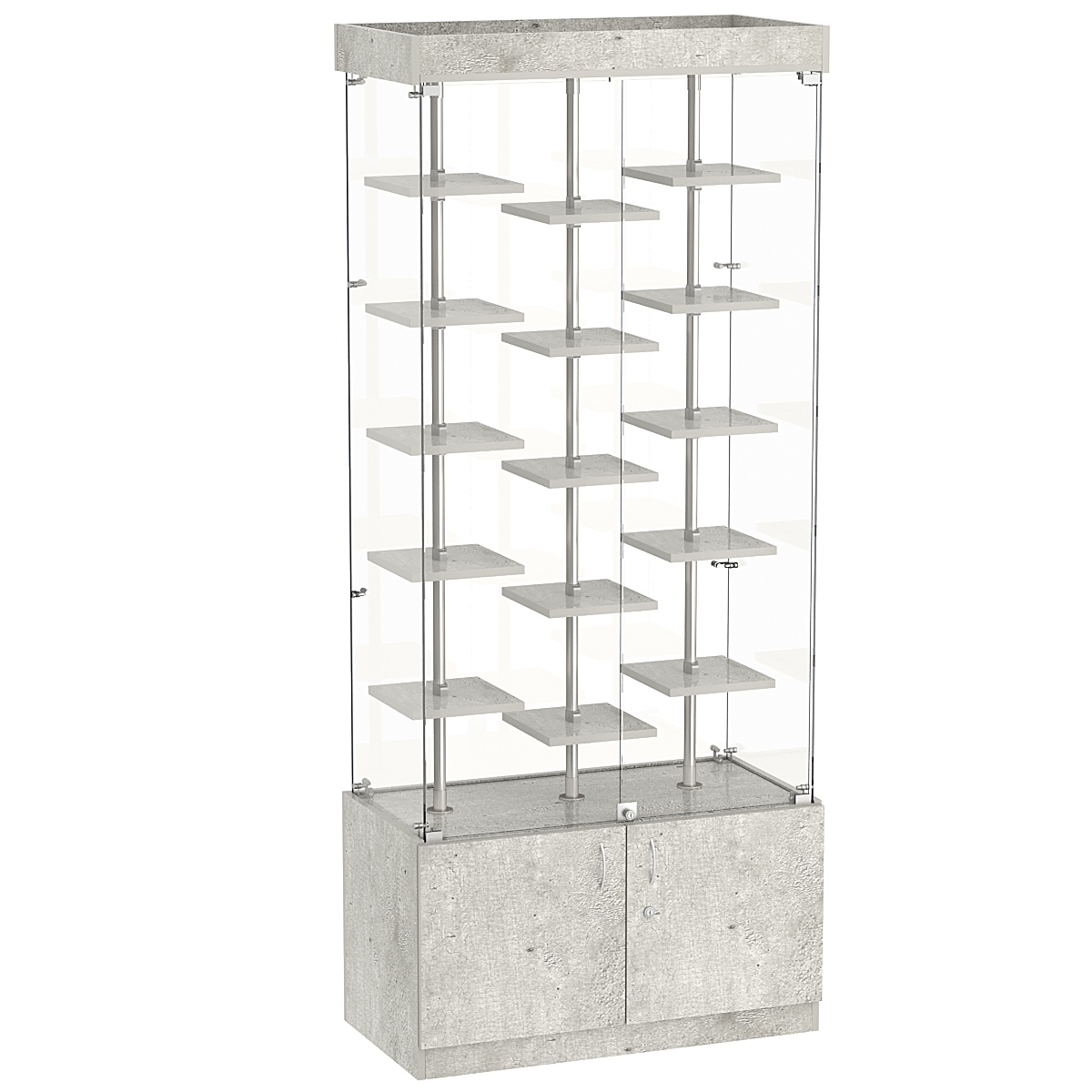 Стеклянная торговая витрина с накопителем и миниатюрными полками ДСП серии Протон №1-2 Метрополитан Грей