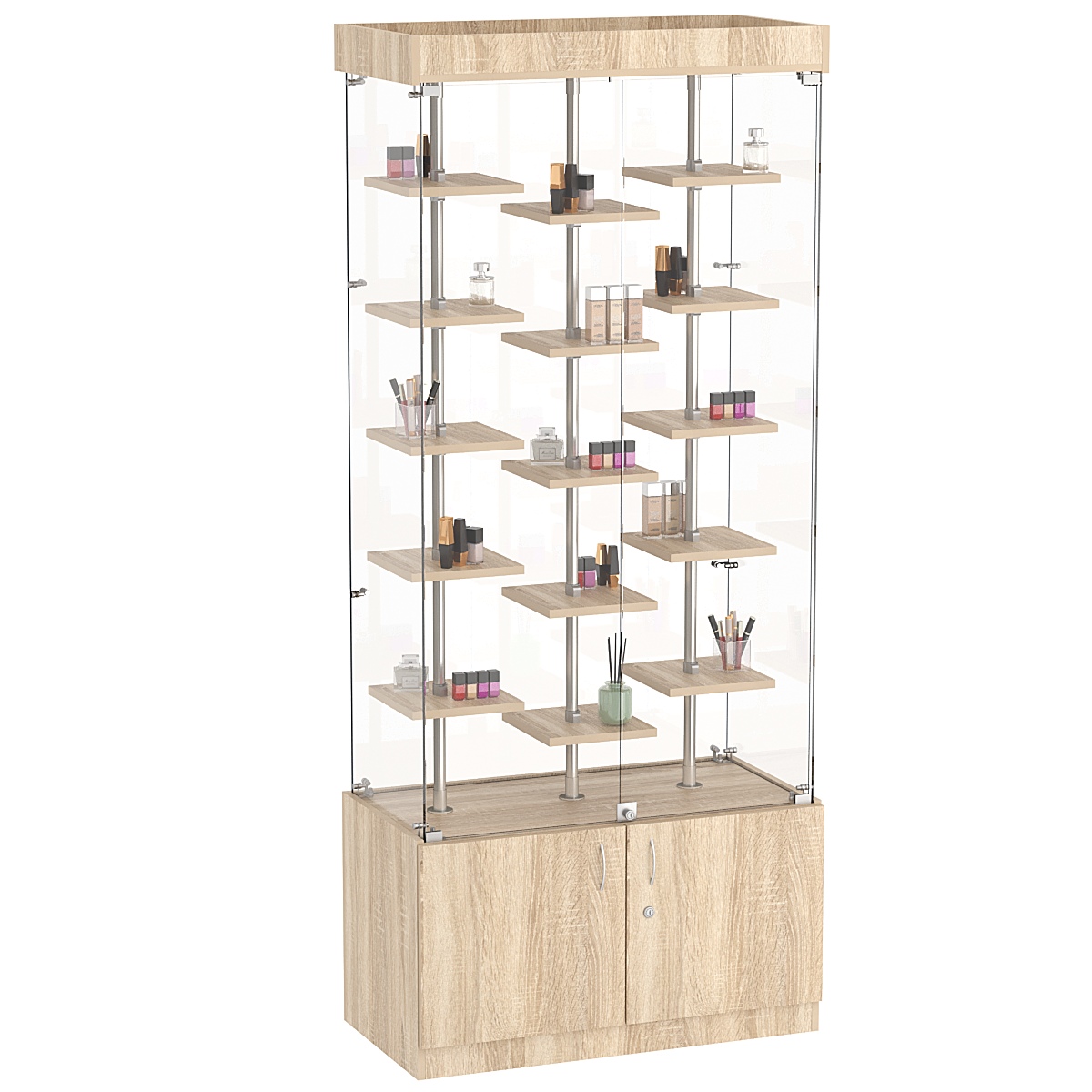 Стеклянная торговая витрина с накопителем и миниатюрными полками ДСП серии Протон №1-2 Дуб сонома