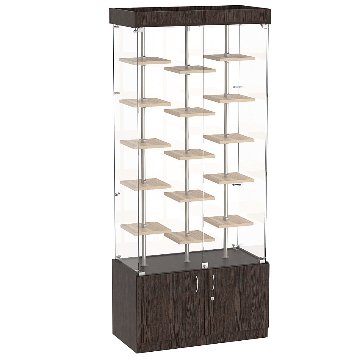 Стеклянная торговая витрина с накопителем и миниатюрными полками ДСП серии Протон №1-2 Дуб Венге и Дуб Сонома