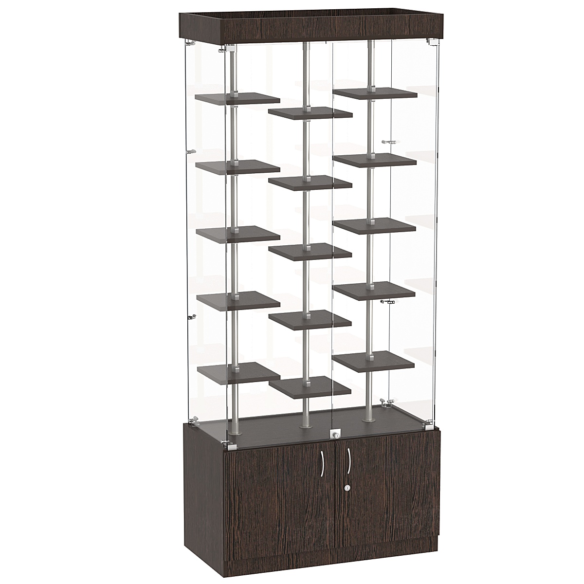 Стеклянная торговая витрина с накопителем и миниатюрными полками ДСП серии Протон №1-2 Дуб Венге