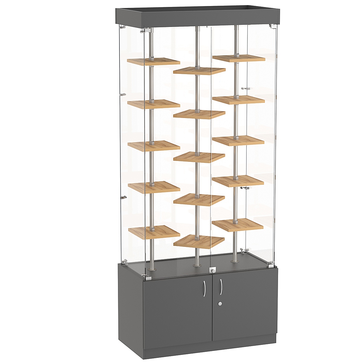Стеклянная торговая витрина демонстра- ционная с маленькими полками ДСП серии Протон №1-3 Темно-Серый  + Дуб Золотистый