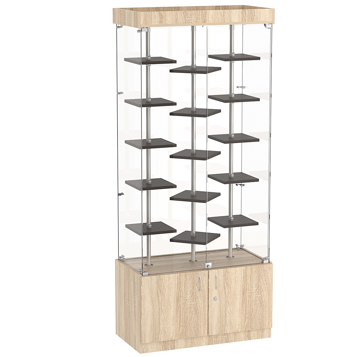 Стеклянная торговая витрина демонстра- ционная с маленькими полками ДСП серии Протон №1-3 Дуб Сонома + Дуб Венге