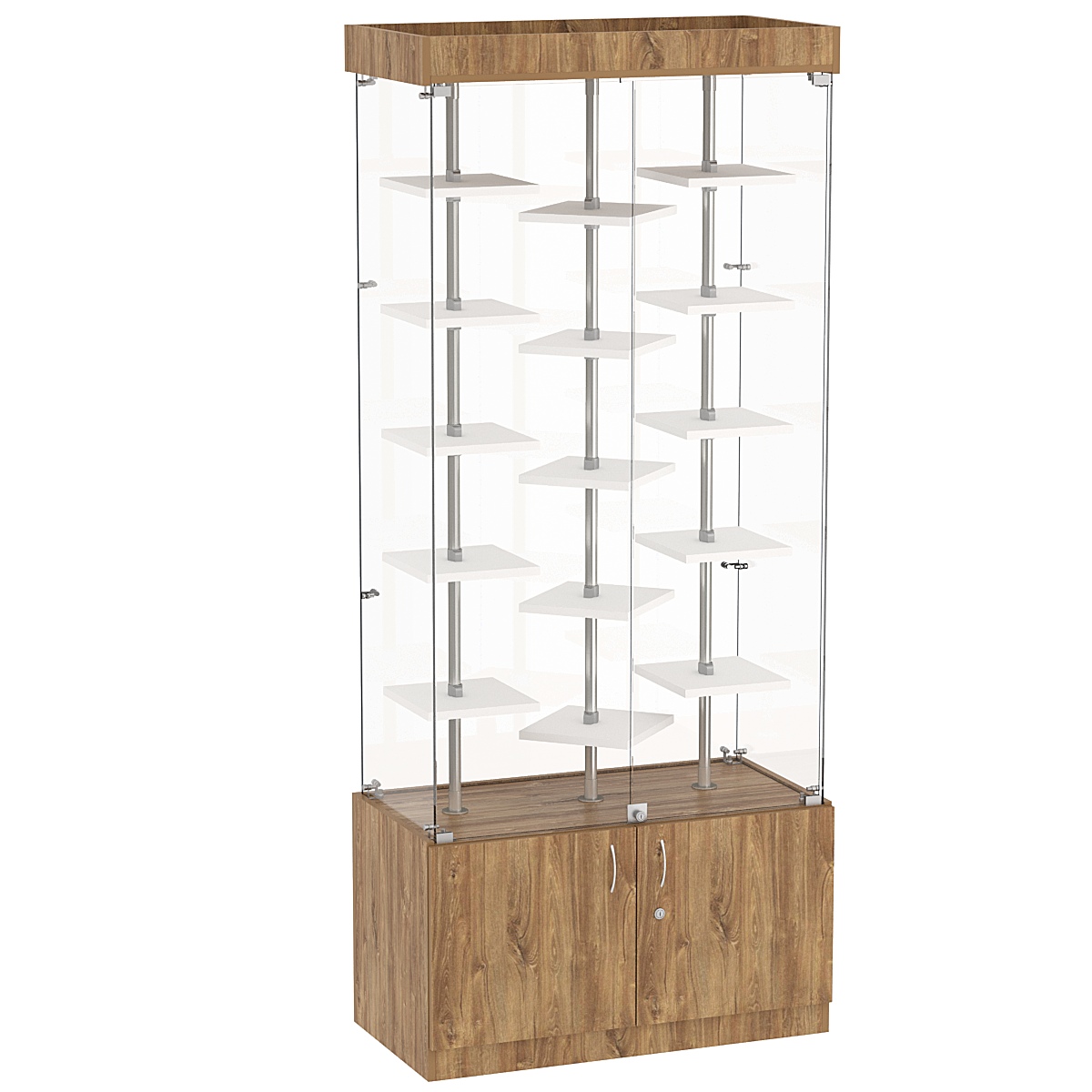 Стеклянная торговая витрина демонстра- ционная с маленькими полками ДСП серии Протон №1-3 Дуб Канзас коричневый + Белый