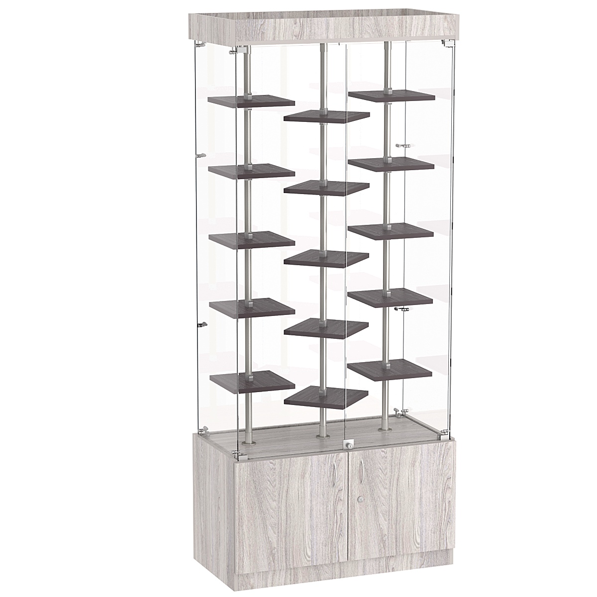 Стеклянная торговая витрина демонстра- ционная с маленькими полками ДСП серии Протон №1-3 Ясень Анкор светлый + Ясень Анкор темный