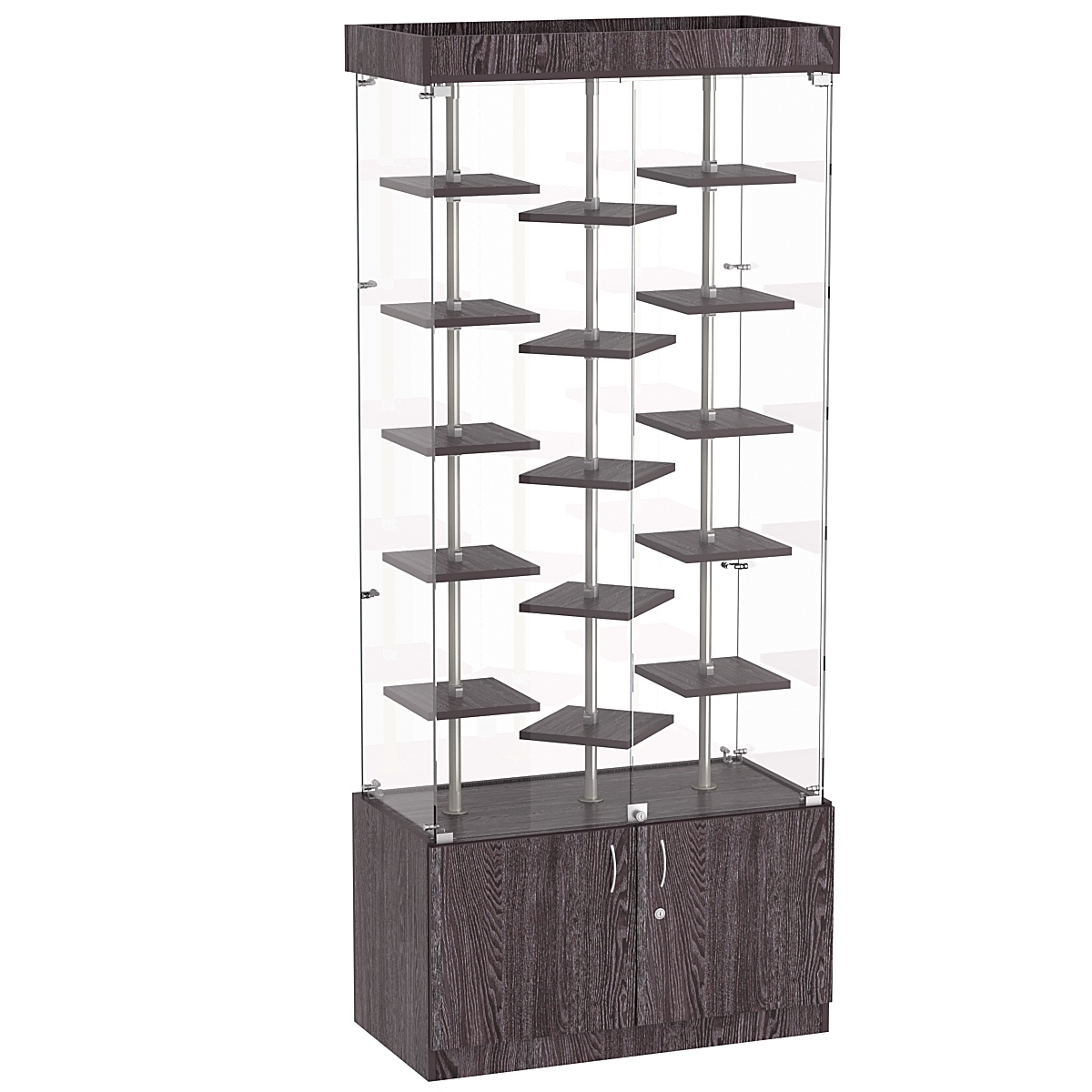 Стеклянная торговая витрина демонстра- ционная с маленькими полками ДСП серии Протон №1-3 Ясень Анкор темный - U31105