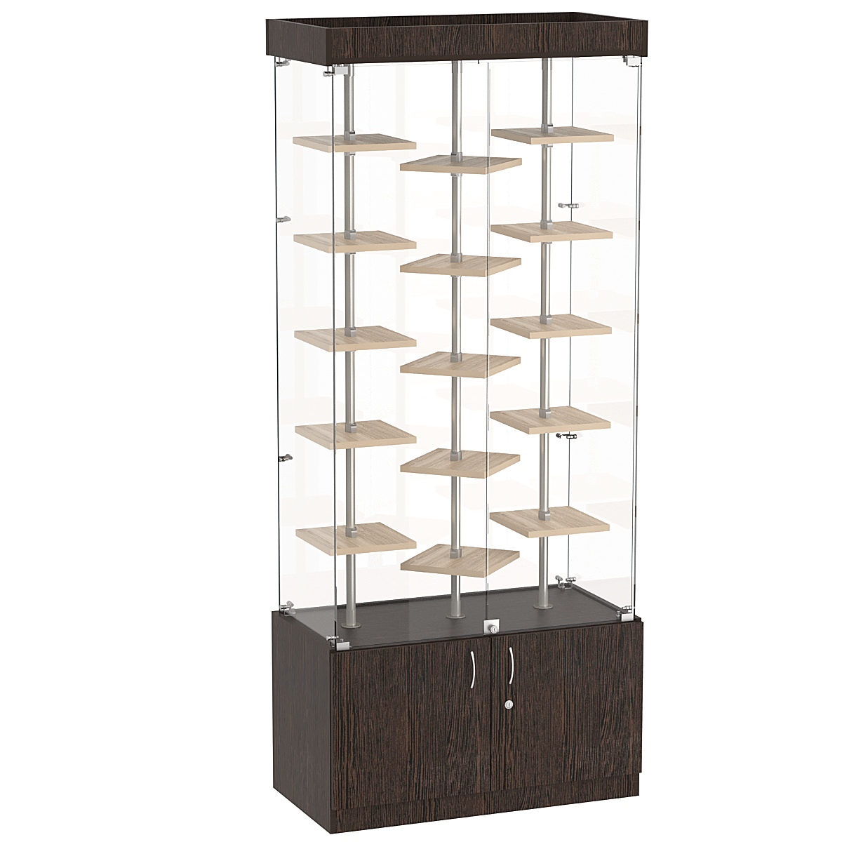 Стеклянная торговая витрина демонстра- ционная с маленькими полками ДСП серии Протон №1-3 Дуб Венге и Дуб Сонома