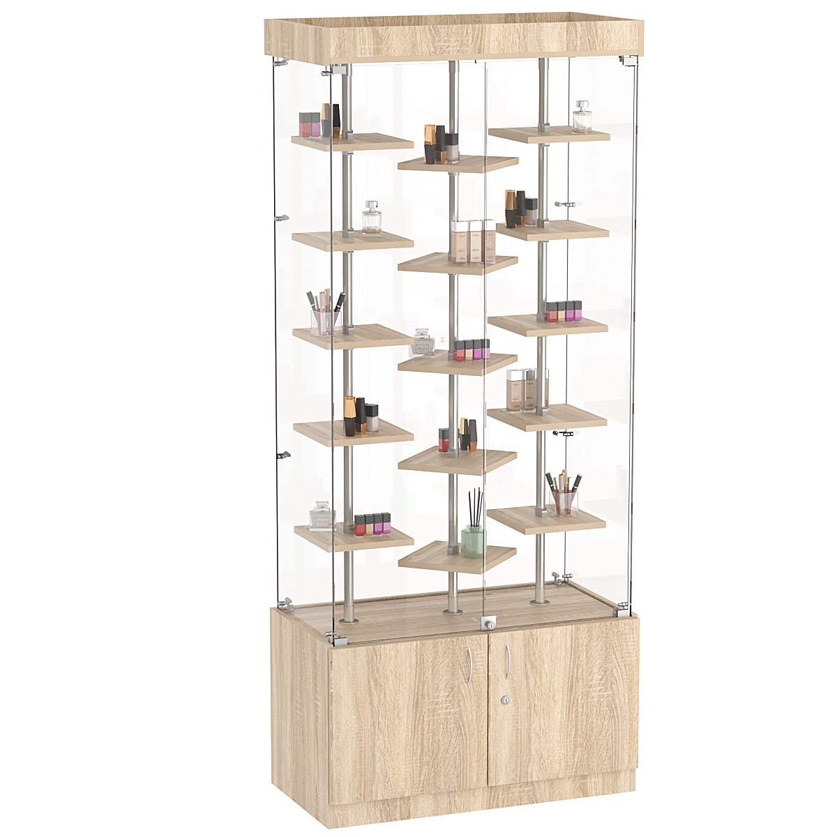 Стеклянная торговая витрина демонстра- ционная с маленькими полками ДСП серии Протон №1-3 Дуб сонома