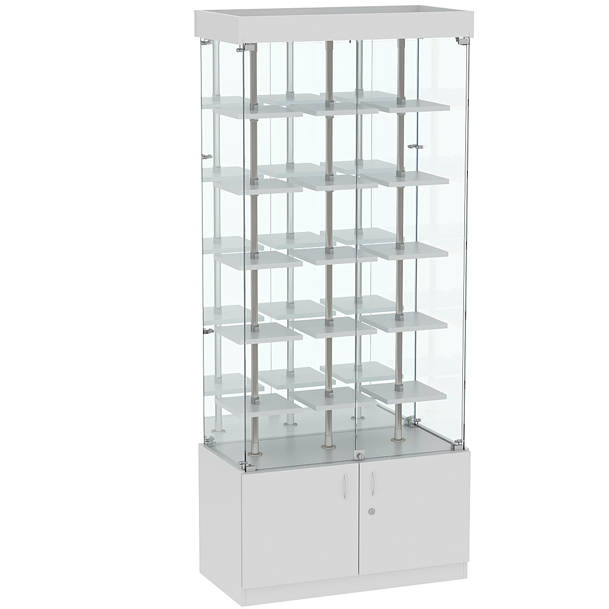 Стеклянная торговая витрина с зеркальной стенкой и маленькими полками ДСП серии Протон №3-1 Серый